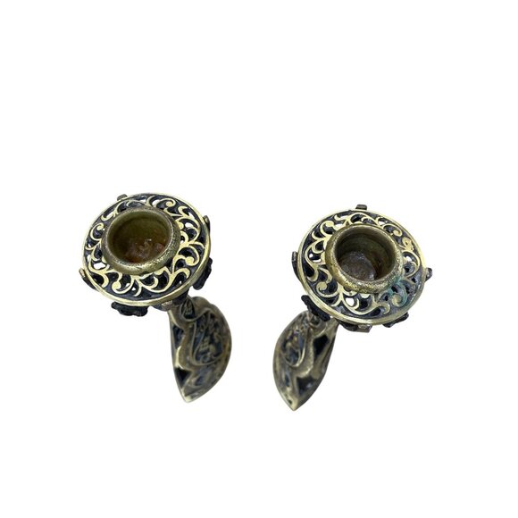 Vintage Brass Shabbat Hebrew Candlestick Sconces 9.5"H x 3.5"W SKU 9318 - Picture 5 of 12